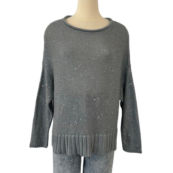 Eileen Fisher Sequin Sparkle Bateau Neck Sweater Organic Cotton Geyser Gray XL - Picture 1 of 9